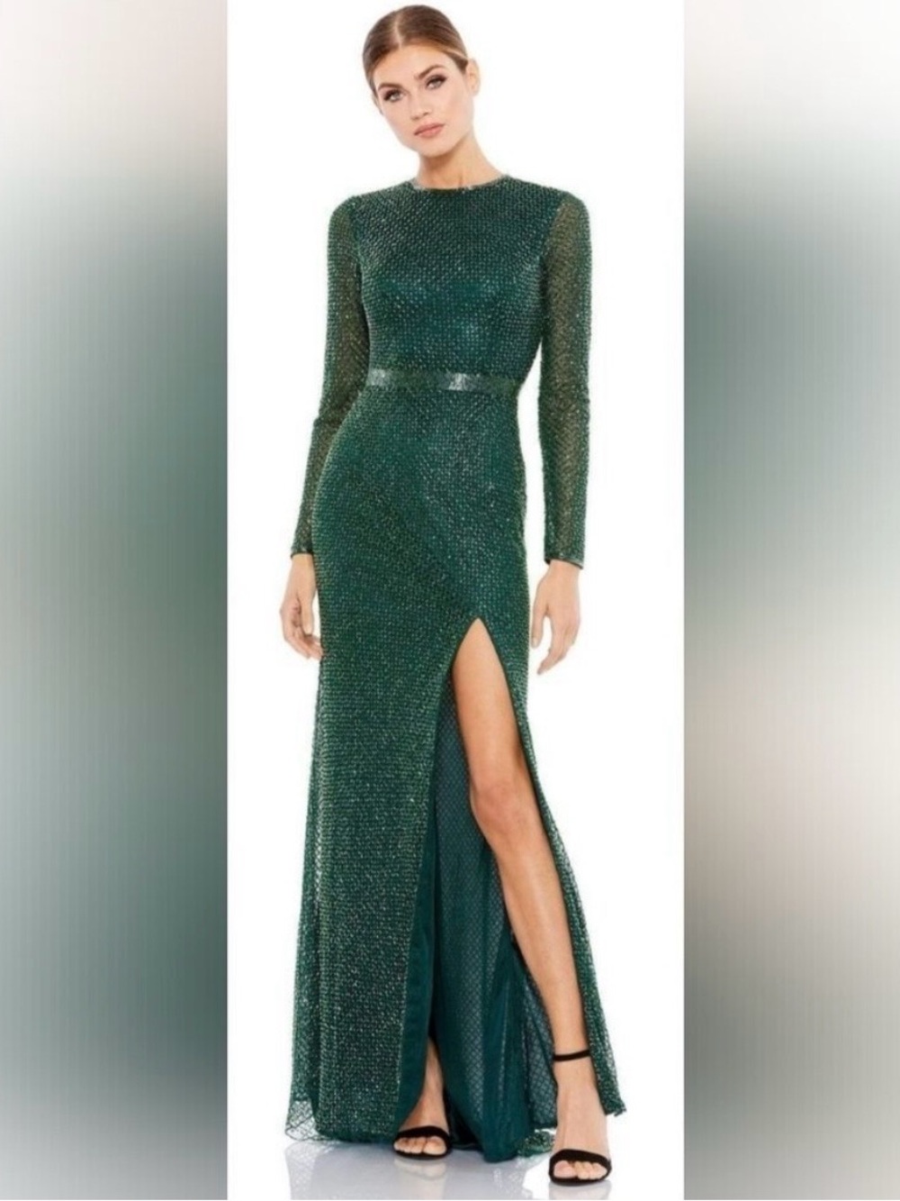Mac Duggal Beaded Long Sleeve High Slit Gown Bottle Green, Size 4